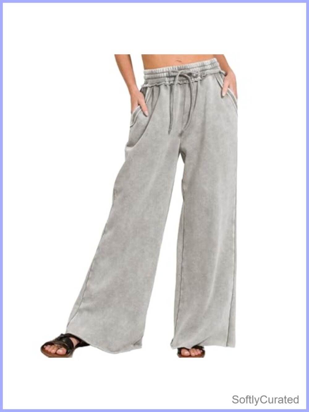 High Waist Acid Wash Wide Leg Sweatpants Drawstring Pockets Casual